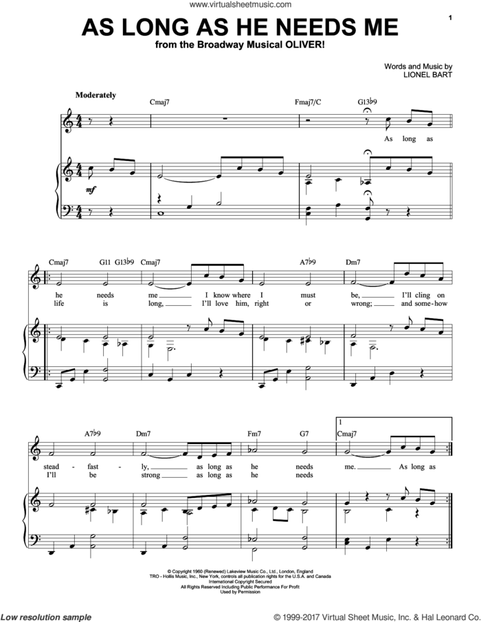 As Long As He Needs Me sheet music for voice and piano (High Voice) by Lionel Bart, intermediate skill level