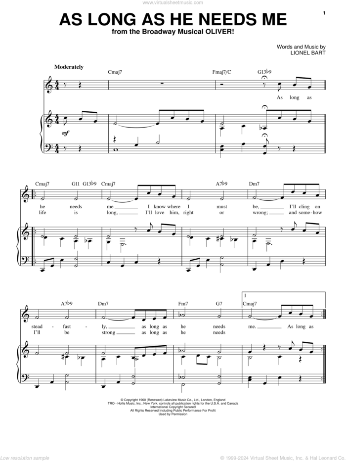 As Long As He Needs Me sheet music for voice and piano (High Voice) by Lionel Bart, intermediate skill level