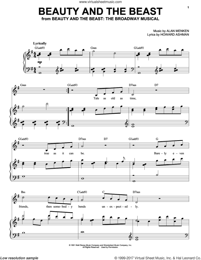 Beauty And The Beast sheet music for voice and piano (High Voice) by Celine Dion & Peabo Bryson, Alan Menken and Howard Ashman, intermediate skill level