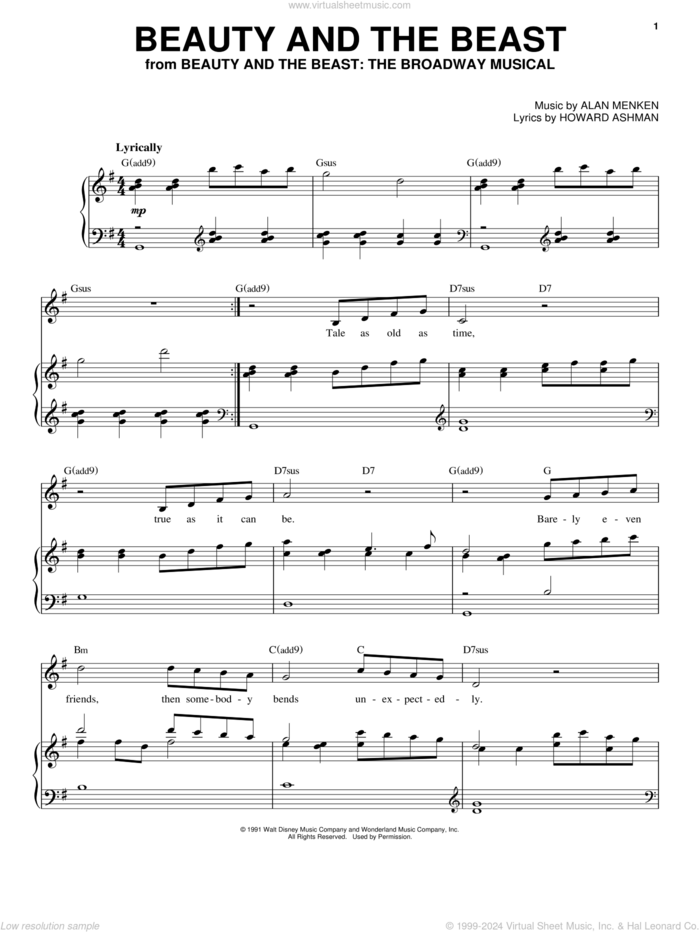 Beauty And The Beast sheet music for voice and piano (High Voice) by Celine Dion & Peabo Bryson, Alan Menken and Howard Ashman, wedding score, intermediate skill level