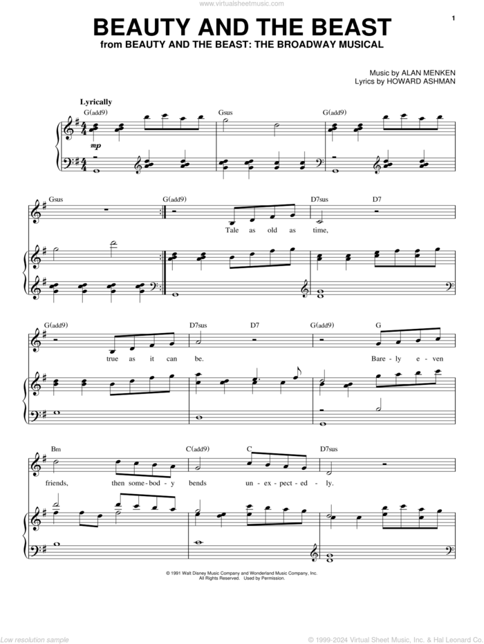 Beauty And The Beast sheet music for voice and piano (High Voice) by Celine Dion & Peabo Bryson, Alan Menken and Howard Ashman, wedding score, intermediate skill level