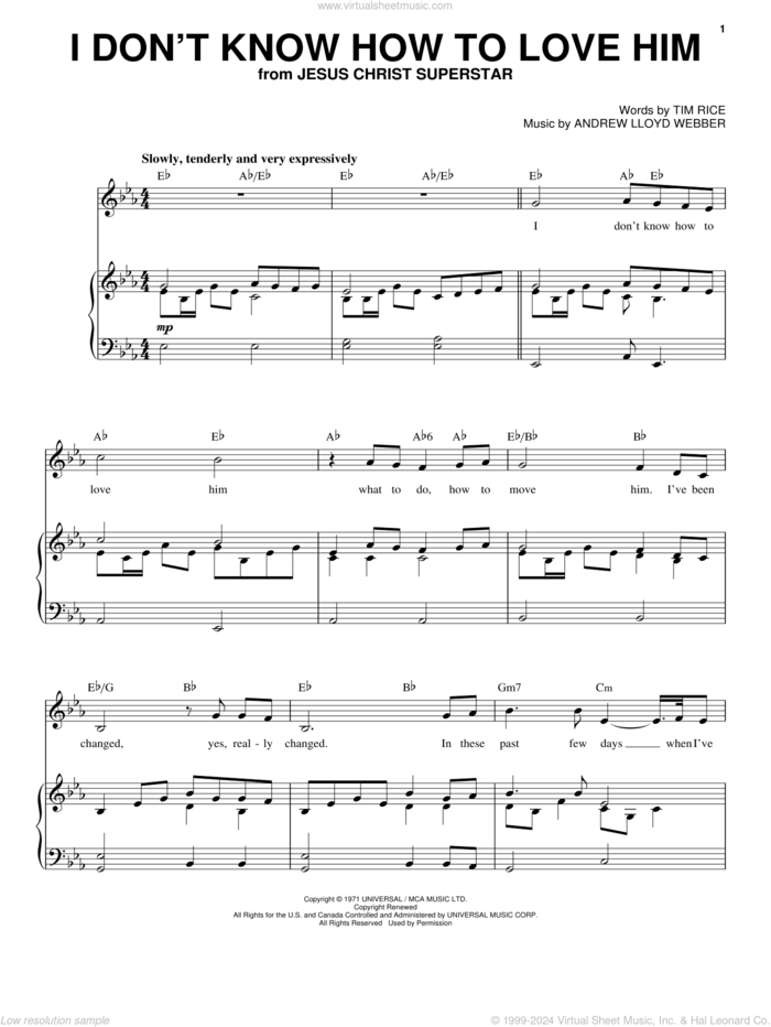 I Don't Know How To Love Him sheet music for voice and piano (High Voice) by Andrew Lloyd Webber, Helen Reddy and Tim Rice, intermediate skill level