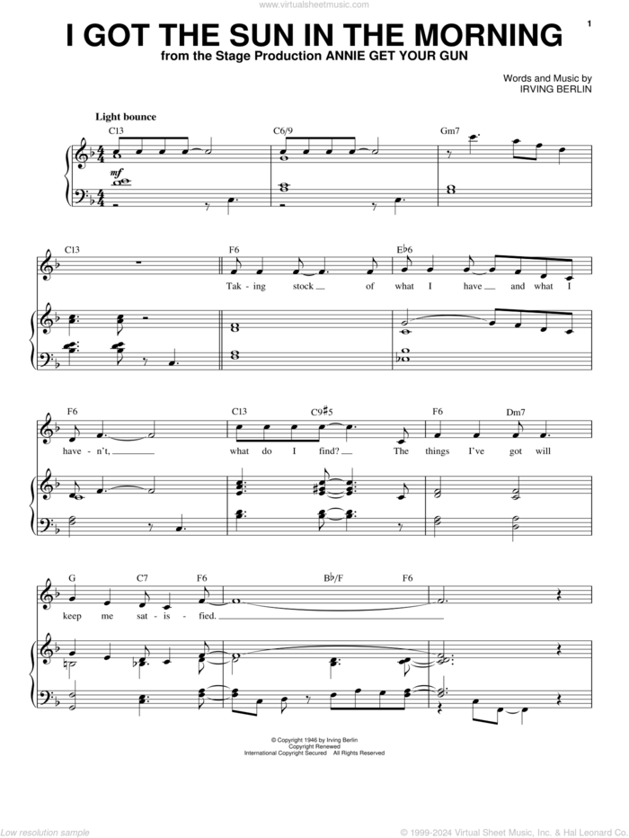 I Got The Sun In The Morning sheet music for voice and piano (High Voice) by Irving Berlin, intermediate skill level