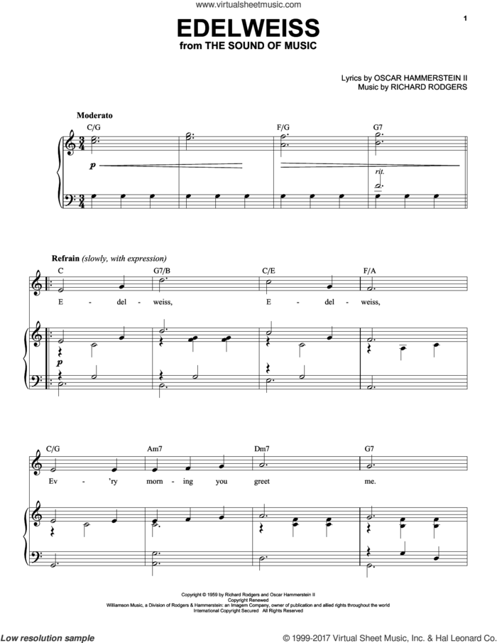 Edelweiss sheet music for voice and piano (High Voice) by Rodgers & Hammerstein, Oscar II Hammerstein and Richard Rodgers, intermediate skill level