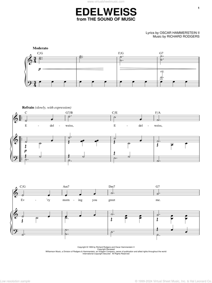 Edelweiss sheet music for voice and piano (High Voice) by Rodgers & Hammerstein, Oscar II Hammerstein and Richard Rodgers, intermediate skill level