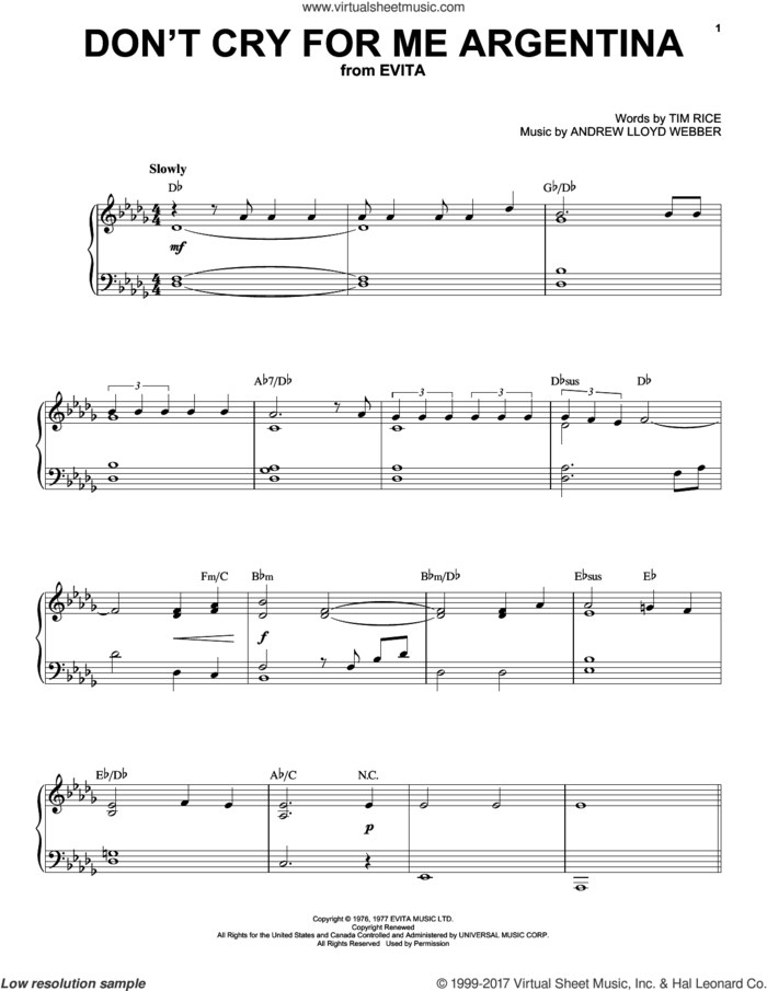 Don't Cry For Me Argentina sheet music for voice and piano (High Voice) by Andrew Lloyd Webber, Festival, Madonna and Tim Rice, intermediate skill level