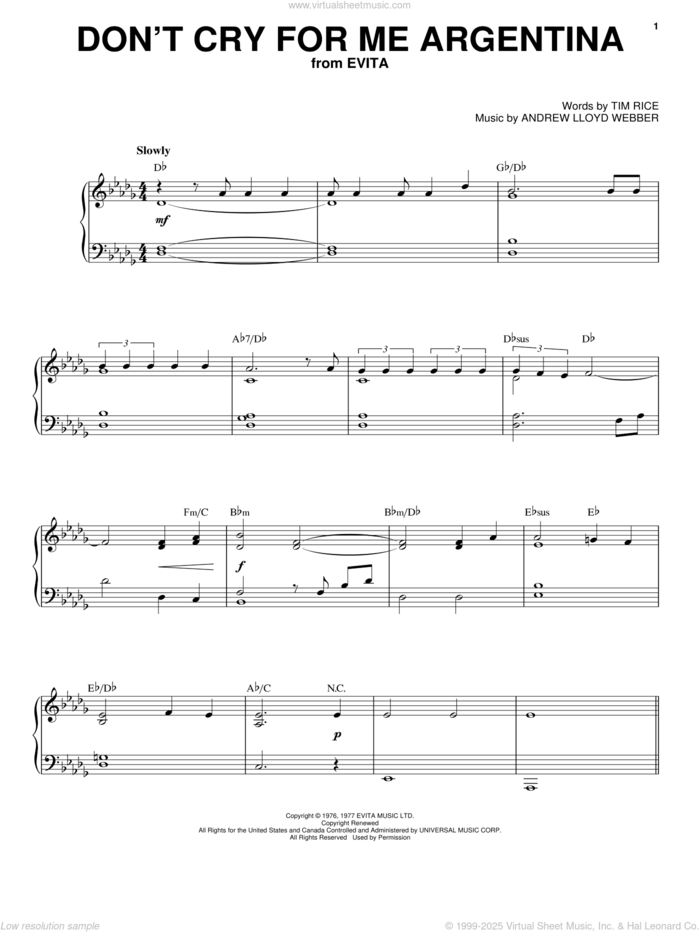 Don't Cry For Me Argentina (from Evita) (High Voice) sheet music for voice and piano (High Voice) by Andrew Lloyd Webber, Festival, Madonna and Tim Rice, intermediate skill level