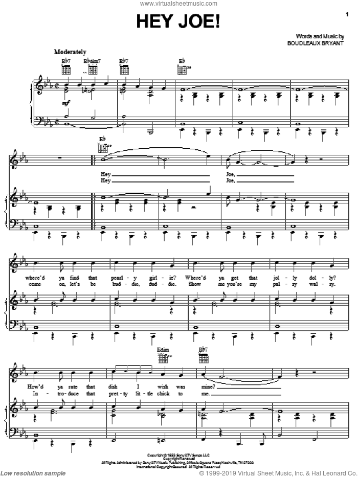 Hey Joe sheet music for voice, piano or guitar by Boudleaux Bryant, intermediate skill level