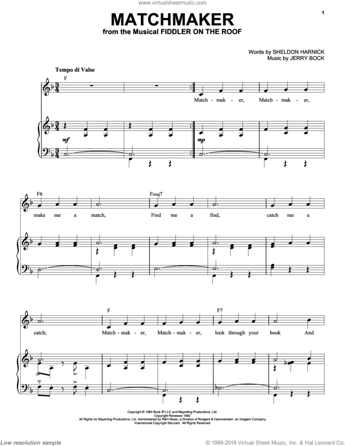Matchmaker (from Fiddler On The Roof) sheet music for voice and piano (High Voice) by Sheldon Harnick, Bock & Harnick and Jerry Bock, intermediate skill level