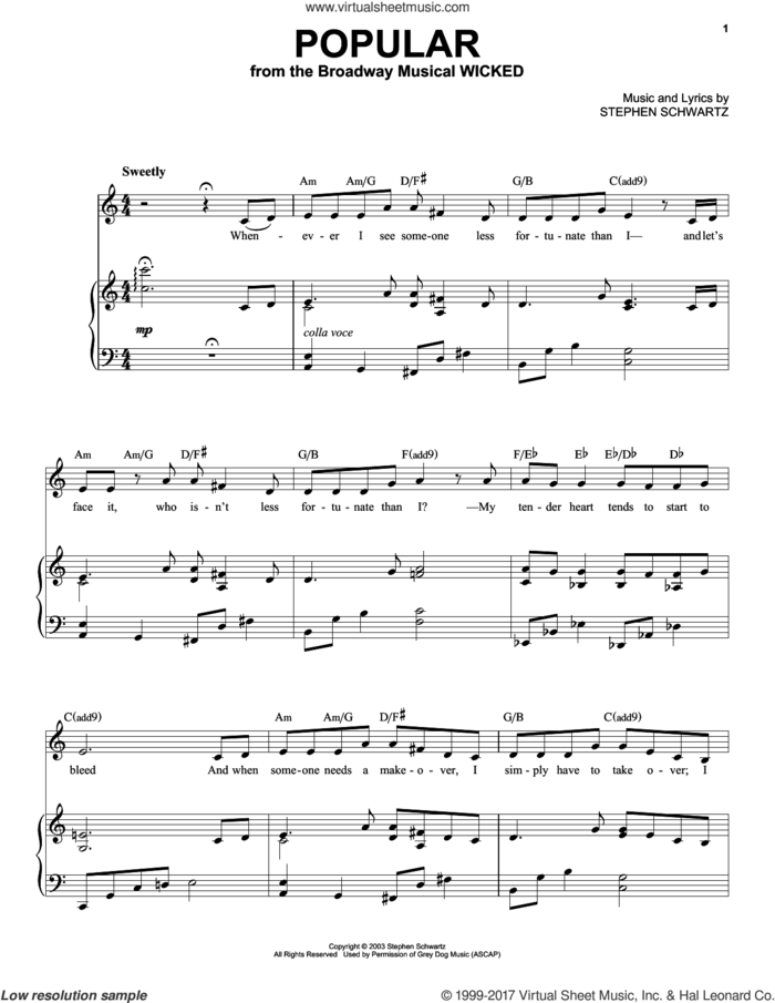 Popular (from Wicked) sheet music for voice and piano (High Voice) by Stephen Schwartz, intermediate skill level