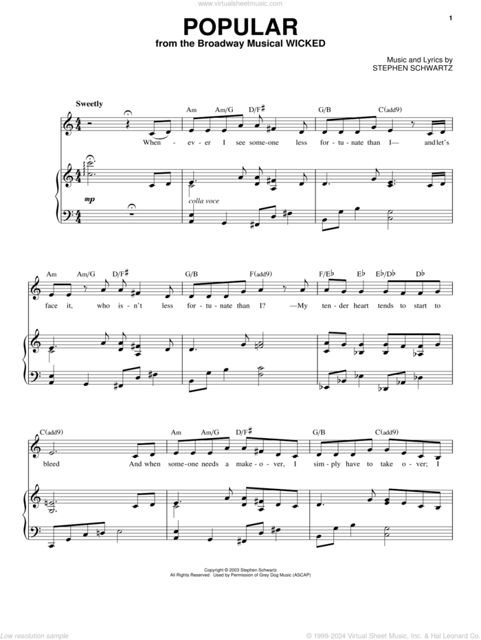 Popular (from Wicked) sheet music for voice and piano (High Voice) by Stephen Schwartz, intermediate skill level