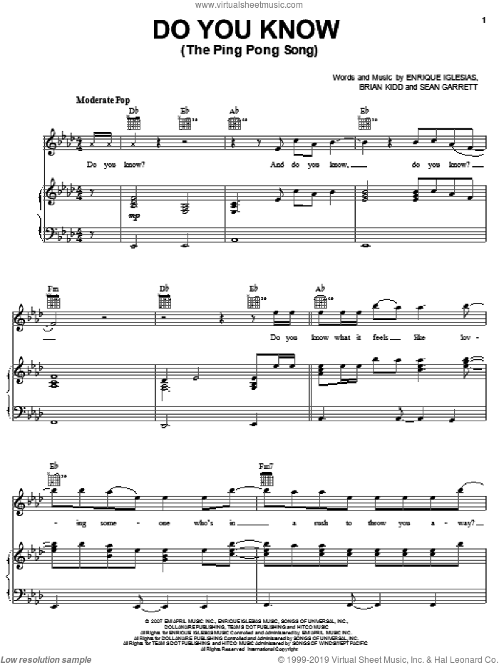 Do You Know? (The Ping Pong Song) sheet music for voice, piano or guitar by Enrique Iglesias, Brian Kidd, Carlos Paucar and Sean Garrett, intermediate skill level
