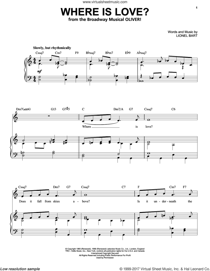 Where Is Love? sheet music for voice and piano (High Voice) by Lionel Bart, intermediate skill level