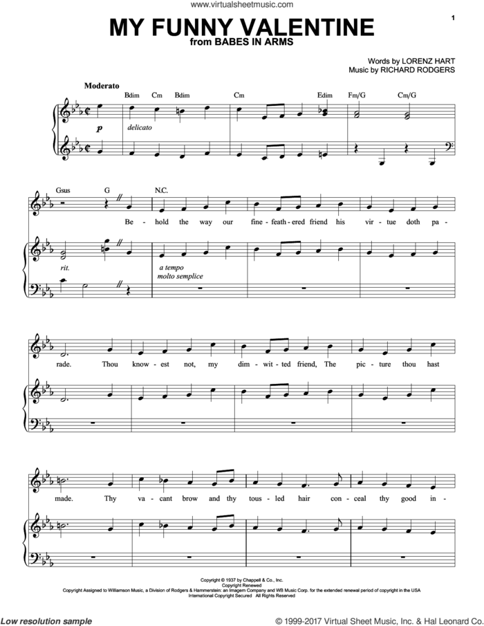 My Funny Valentine sheet music for voice and piano (High Voice) by Rodgers & Hart, Lorenz Hart and Richard Rodgers, intermediate skill level