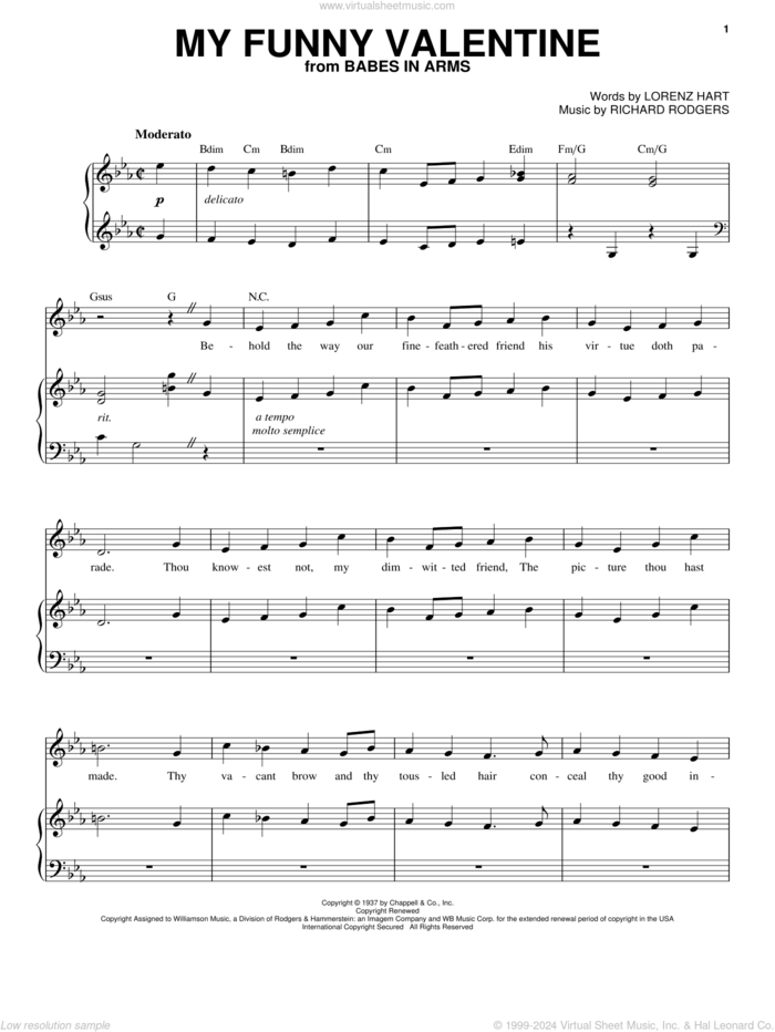 My Funny Valentine sheet music for voice and piano (High Voice) by Rodgers & Hart, Lorenz Hart and Richard Rodgers, intermediate skill level