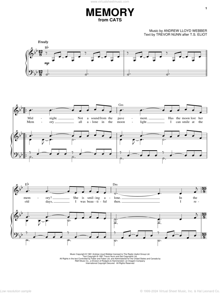 Memory (from Cats) sheet music for voice and piano (High Voice) by Barbra Streisand, Andrew Lloyd Webber and Trevor Nunn, intermediate skill level