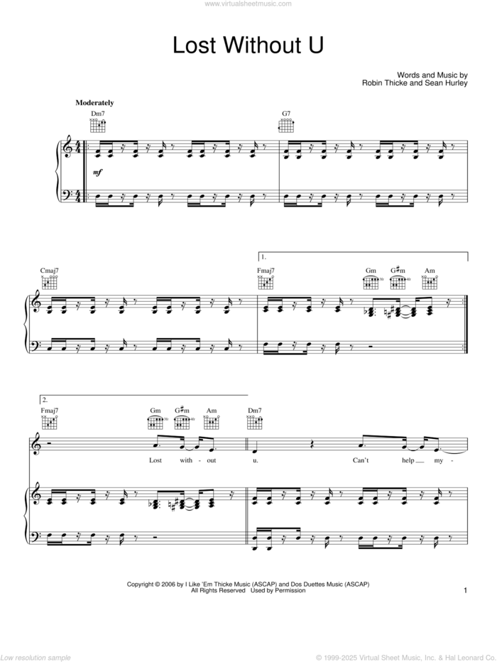 Lost Without U sheet music for voice, piano or guitar by Robin Thicke and Sean Hurley, intermediate skill level