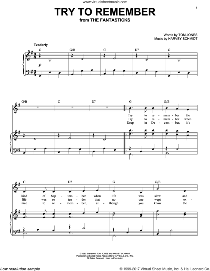 Try To Remember sheet music for voice and piano (High Voice) by Tom Jones and Harvey Schmidt, intermediate skill level