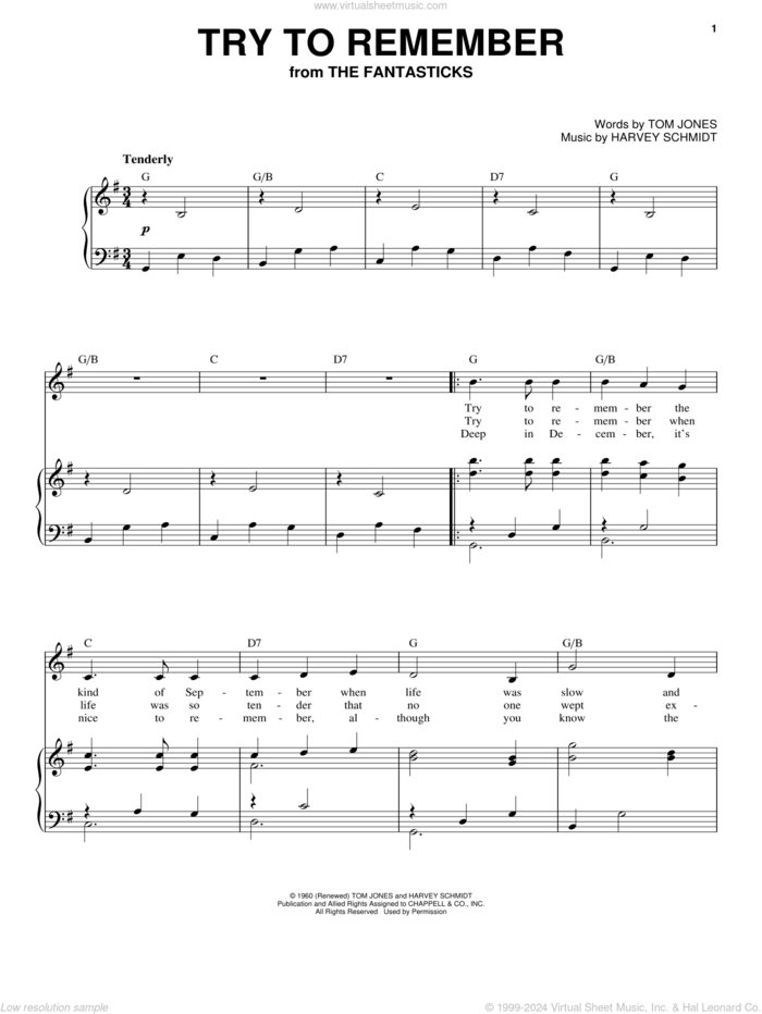 Try To Remember sheet music for voice and piano (High Voice) by Tom Jones and Harvey Schmidt, intermediate skill level