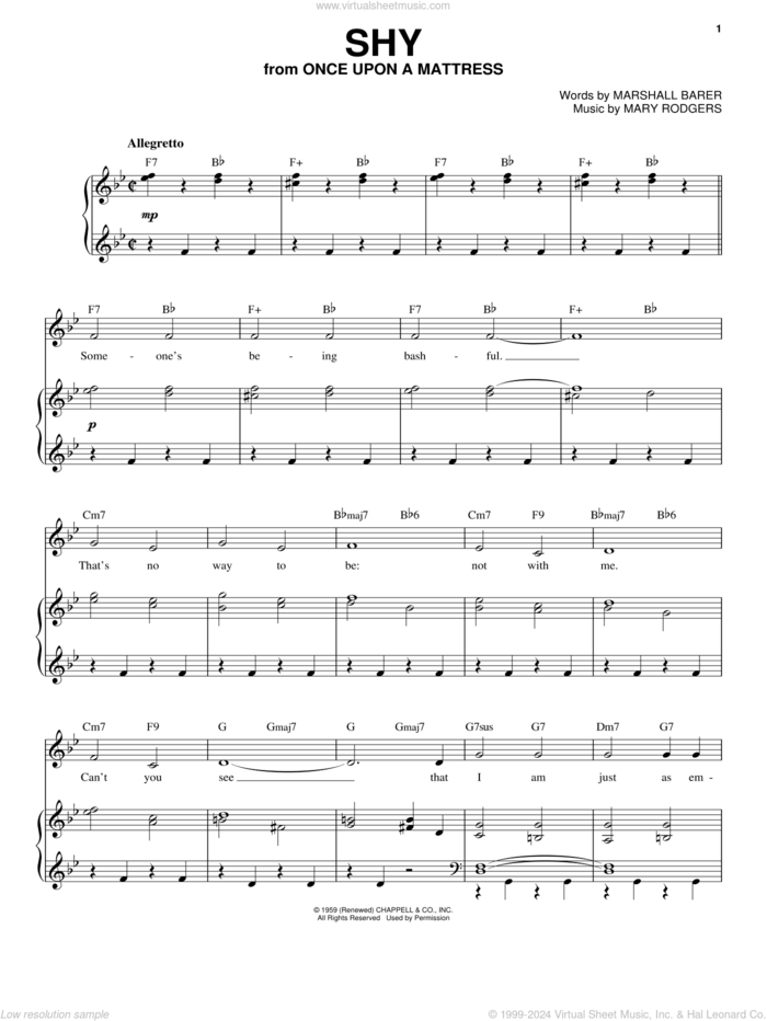 Shy sheet music for voice and piano (High Voice) by Mary Rodgers and Marshall Barer, intermediate skill level