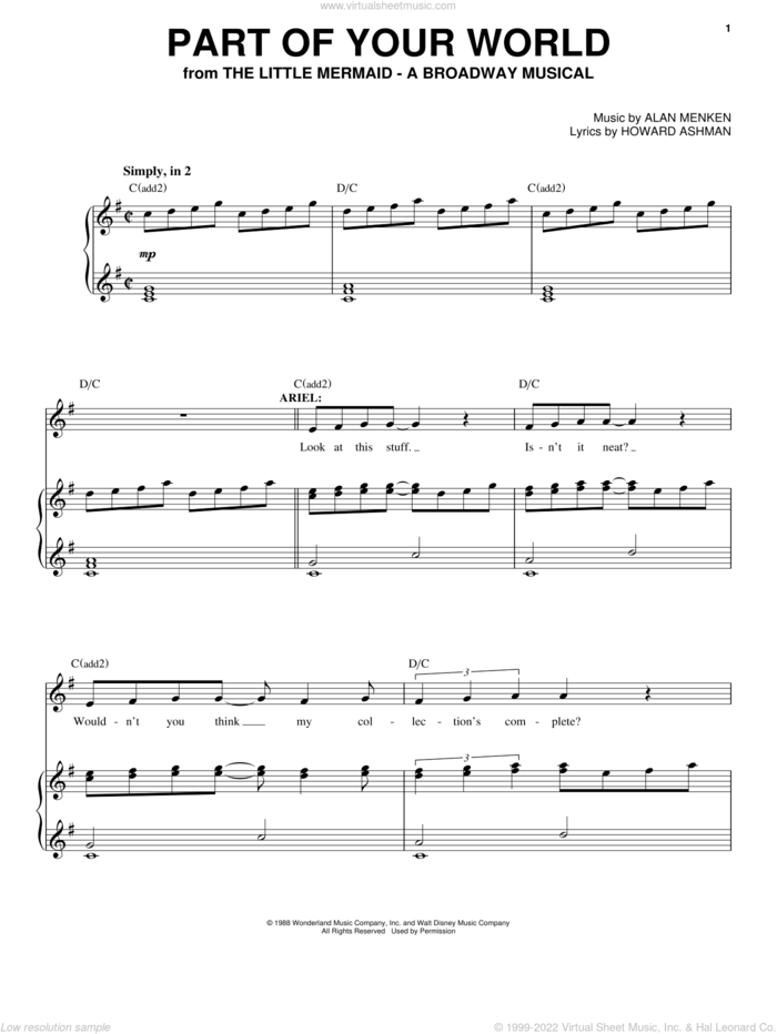 Part Of Your World (from The Little Mermaid: A Broadway Musical) sheet music for voice and piano (High Voice) by Alan Menken, Alan Menken & Howard Ashman and Howard Ashman, intermediate skill level