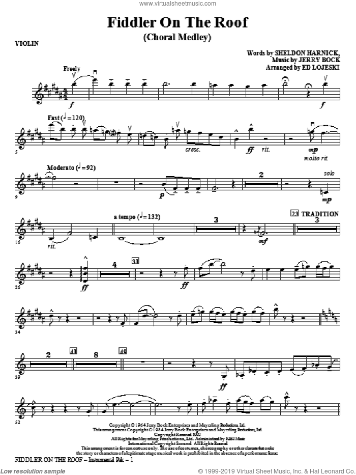 Fiddler On The Roof (Choral Medley) (complete set of parts) sheet music for orchestra/band by Ed Lojeski, Jerry Bock and Sheldon Harnick, intermediate skill level