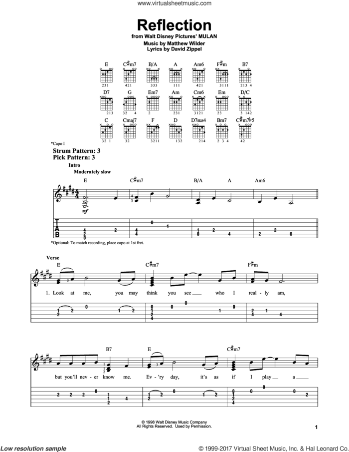 Reflection (Pop Version) (from Mulan) sheet music for guitar solo (easy tablature) by Christina Aguilera, David Zippel and Matthew Wilder, easy guitar (easy tablature)