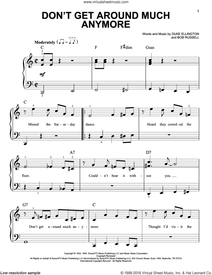 Don't Get Around Much Anymore sheet music for piano solo by Duke Ellington and Bob Russell, beginner skill level