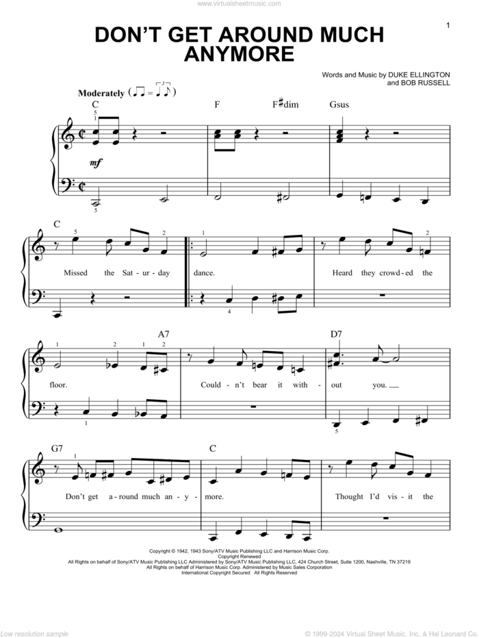 Don't Get Around Much Anymore sheet music for piano solo by Duke Ellington and Bob Russell, beginner skill level