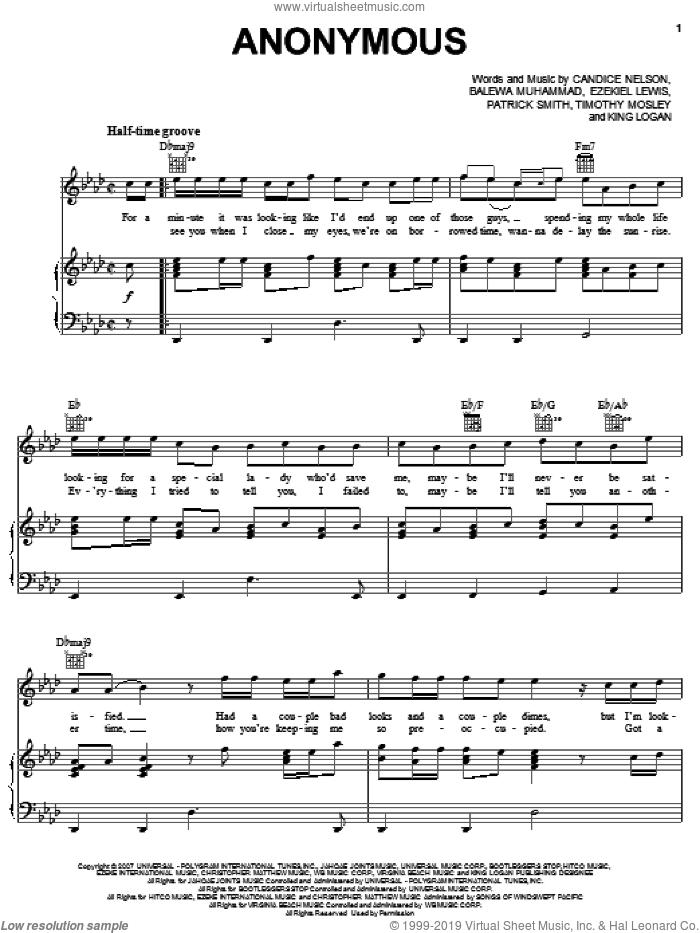 Anonymous sheet music for voice, piano or guitar by Bobby Valentino featuring Timbaland, Bobby Valentino, Timbaland, Balewa Muhammad, Candice Nelson, Ezekiel Lewis, King Logan, Patrick Smith and Tim Mosley, intermediate skill level