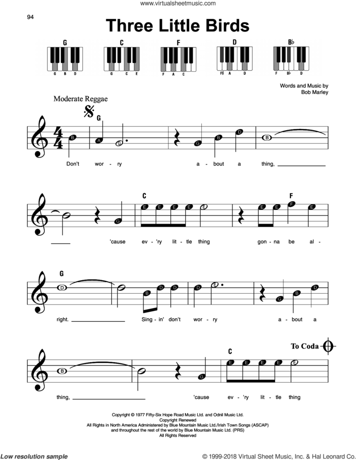 Three Little Birds, (beginner) sheet music for piano solo by Bob Marley, beginner skill level