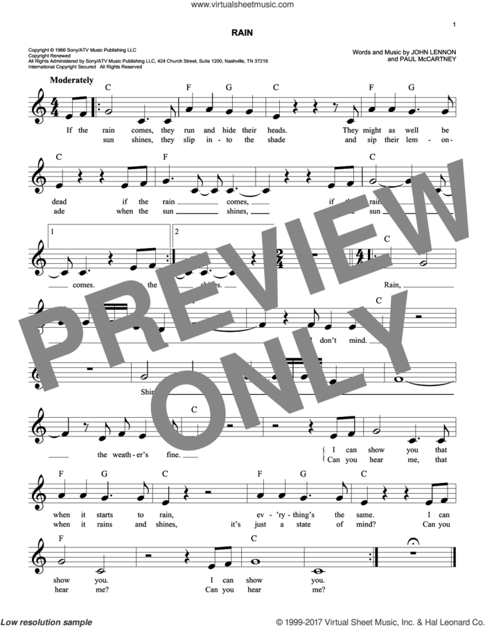Rain sheet music for voice and other instruments (fake book) by The Beatles, John Lennon and Paul McCartney, easy skill level