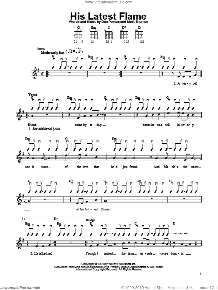 His Latest Flame sheet music for guitar solo (chords) by Elvis Presley, Doc Pomus, Jerome Pomus and Mort Shuman, easy guitar (chords)