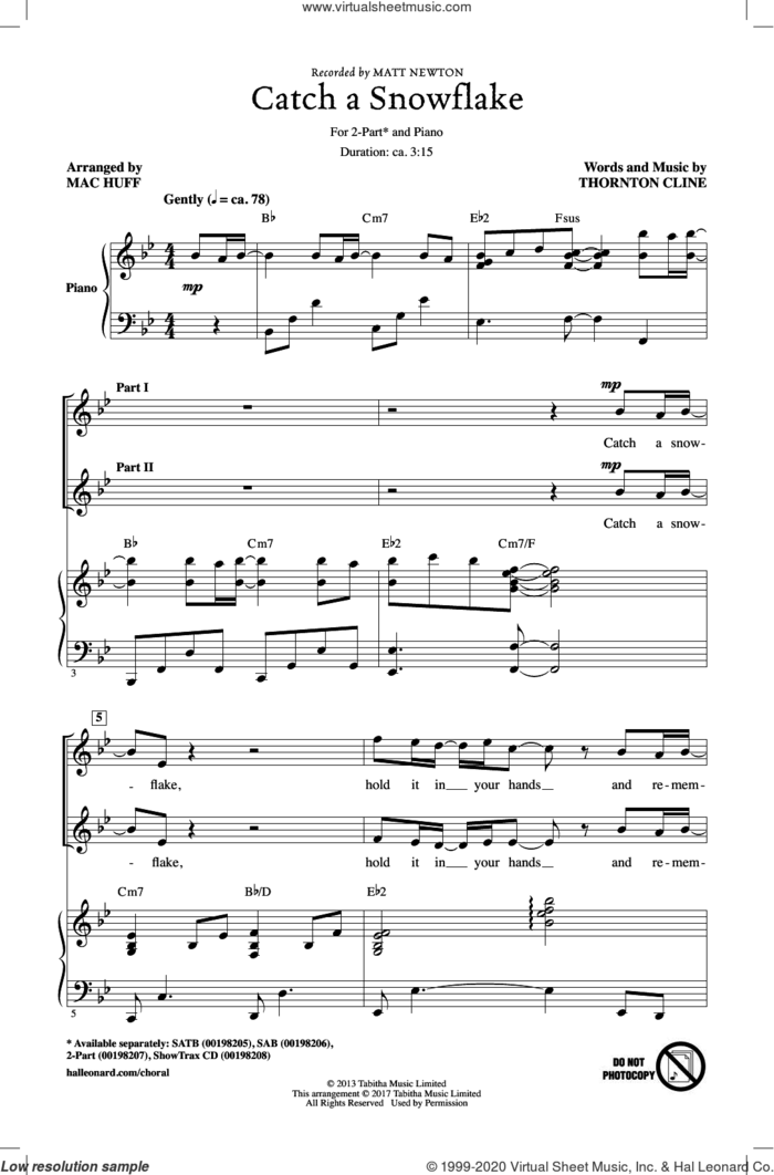 Catch A Snowflake sheet music for choir (2-Part) by Mac Huff, Matt Newton and Thornton Cline, intermediate duet