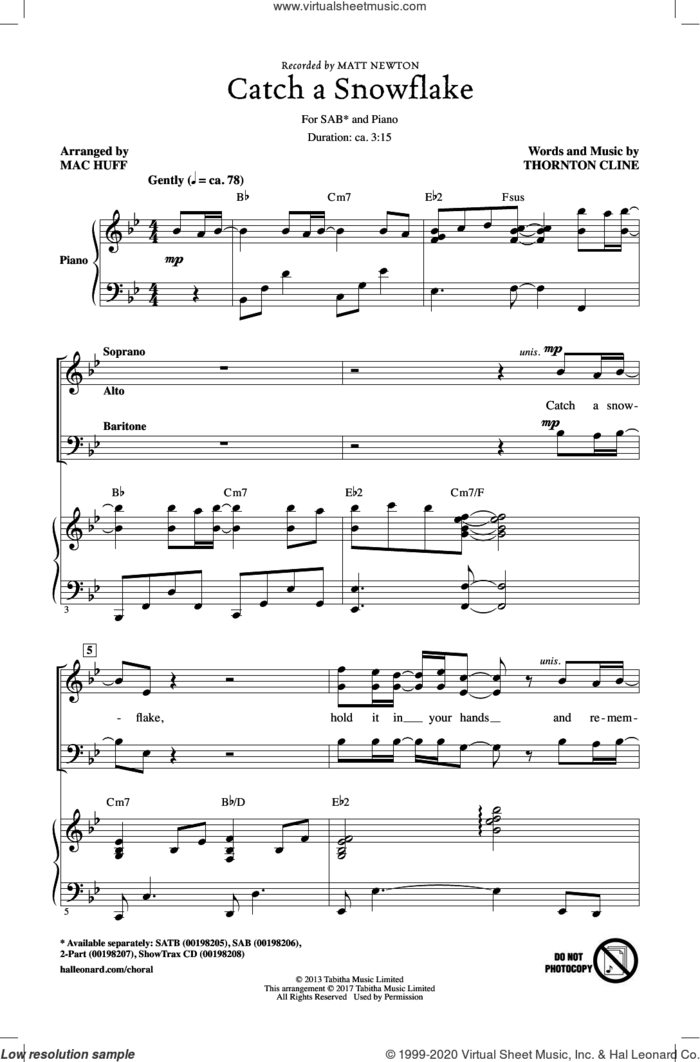 Catch A Snowflake sheet music for choir (SAB: soprano, alto, bass) by Mac Huff, Matt Newton and Thornton Cline, intermediate skill level