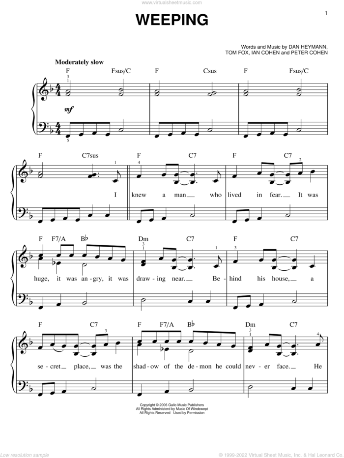 Weeping sheet music for piano solo by Josh Groban, Dan Heymann, Ian Cohen, Peter Cohen and Tom Fox, easy skill level