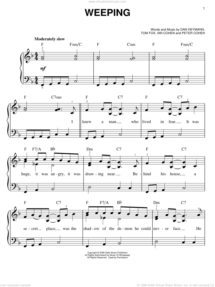 Weeping sheet music for piano solo by Josh Groban, Dan Heymann, Ian Cohen, Peter Cohen and Tom Fox, easy skill level