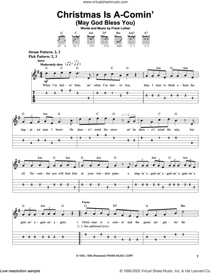 Christmas Is A-Comin' (May God Bless You) sheet music for guitar solo (easy tablature) by Frank Luther, easy guitar (easy tablature)