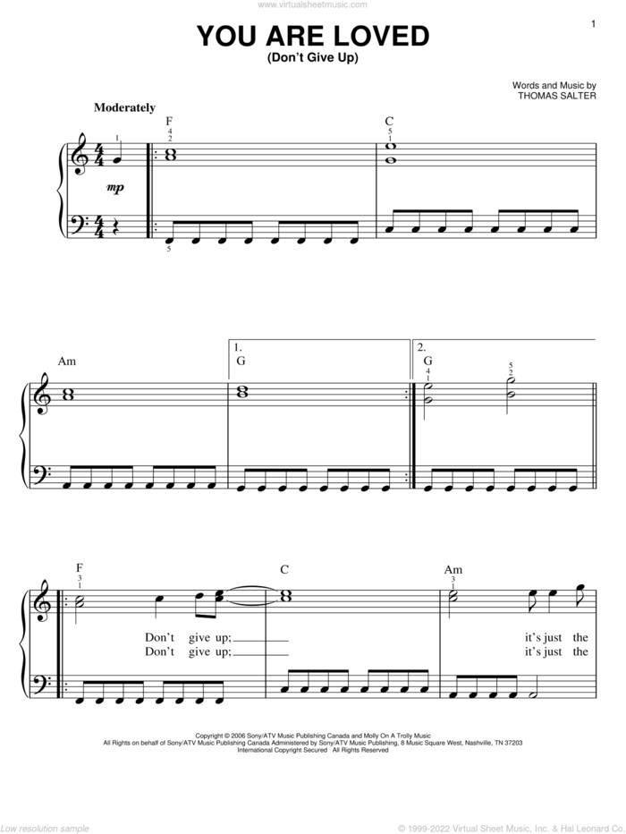You Are Loved (Don't Give Up) sheet music for piano solo by Josh Groban and Thomas Salter, easy skill level