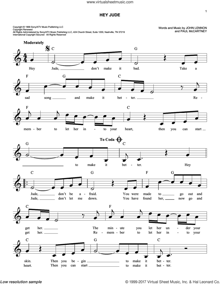 Hey Jude sheet music for voice and other instruments (fake book) by The Beatles, John Lennon and Paul McCartney, easy skill level