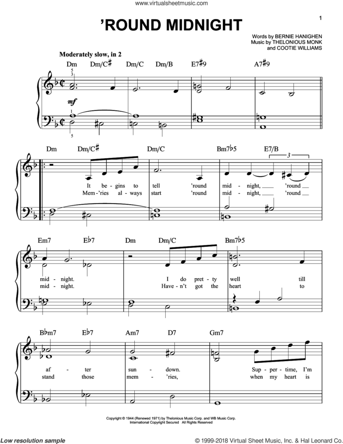'Round Midnight sheet music for piano solo by Thelonious Monk, Bernie Hanighen and Cootie Williams, beginner skill level