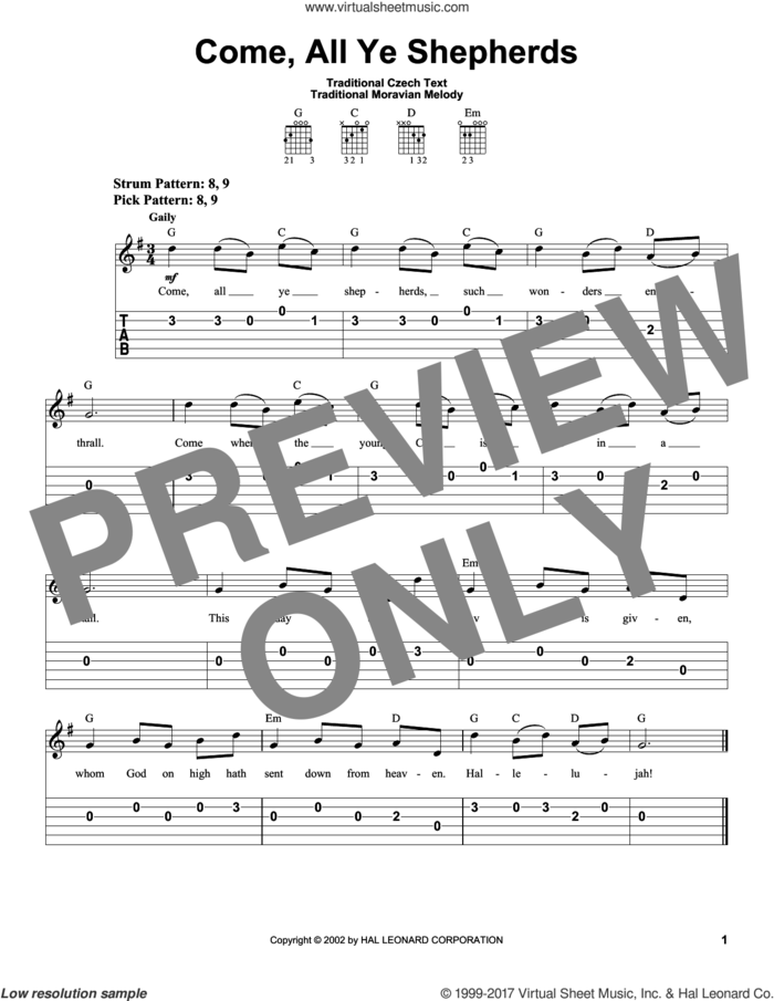 Come, All Ye Shepherds sheet music for guitar solo (easy tablature), easy guitar (easy tablature)