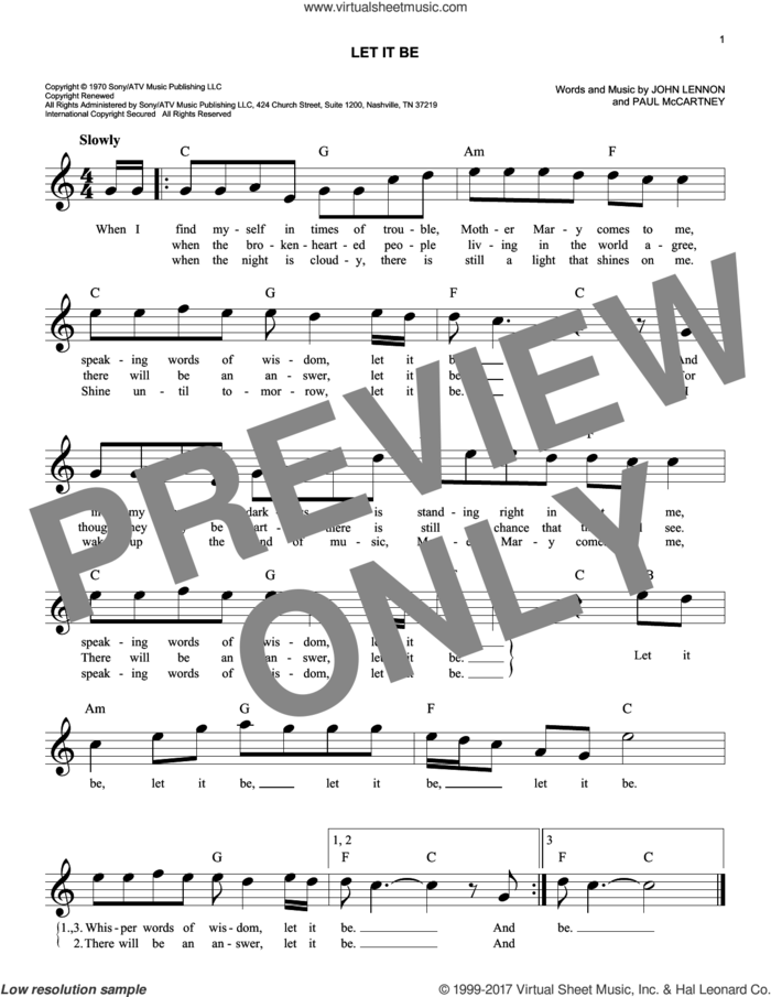 Let It Be sheet music for voice and other instruments (fake book) by The Beatles, John Lennon and Paul McCartney, easy skill level