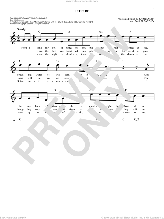Let It Be sheet music for voice and other instruments (fake book) by The Beatles, John Lennon and Paul McCartney, easy skill level