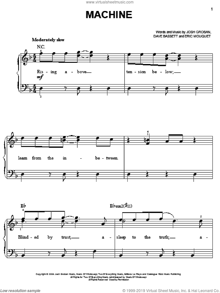 Machine sheet music for piano solo by Josh Groban, Dave Bassett and Eric Mouquet, easy skill level