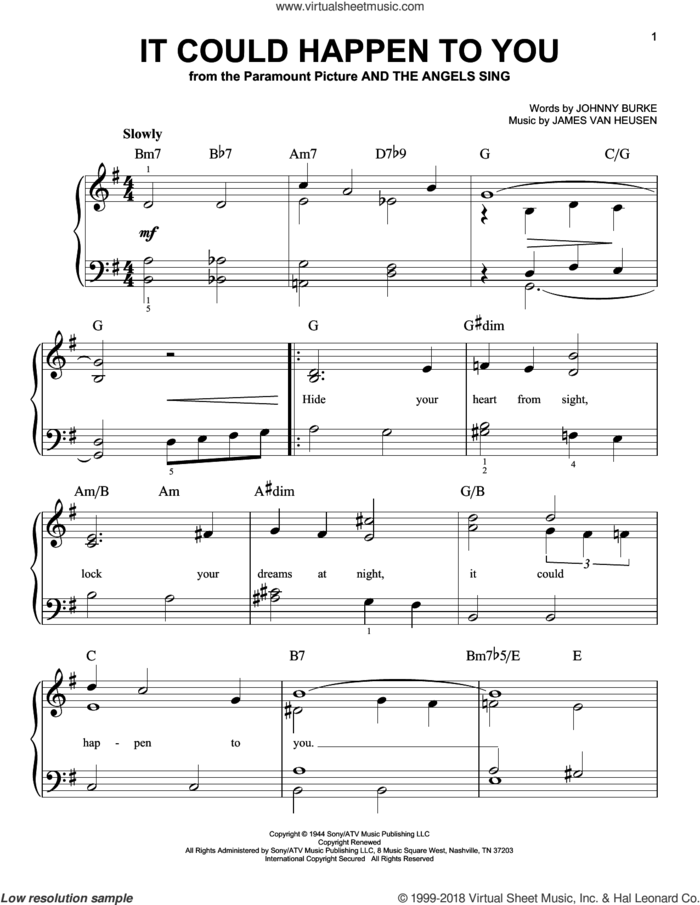 It Could Happen To You sheet music for piano solo by Jimmy van Heusen, June Christy and John Burke, beginner skill level