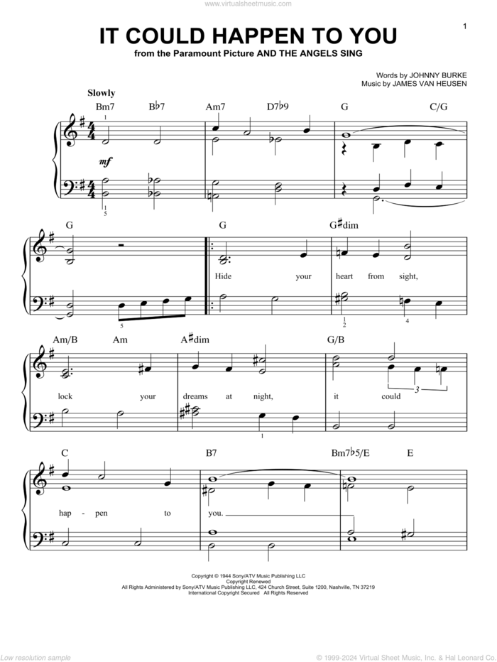 It Could Happen To You sheet music for piano solo by Jimmy van Heusen, June Christy and John Burke, beginner skill level