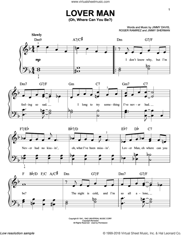 Lover Man (Oh, Where Can You Be?) sheet music for piano solo by Billie Holiday, Jimmie Davis, Jimmy Sherman and Roger Ramirez, beginner skill level