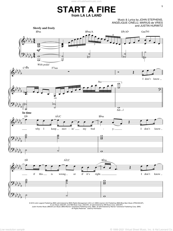 Start A Fire sheet music for voice and piano by John Legend, Angelique Cinelu, John Stephens, Justin Hurwitz and Marius De Vries, intermediate skill level