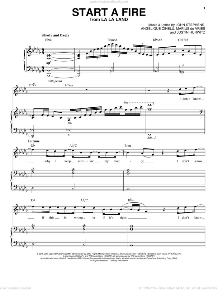 Start A Fire sheet music for voice and piano by John Legend, Angelique Cinelu, John Stephens, Justin Hurwitz and Marius De Vries, intermediate skill level